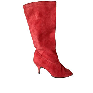 Vintage 80s Red Suede High Heel Boots Womens 8 Retro Western Rocker Cowgirl Glam
